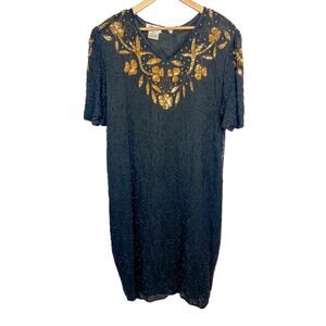 Vintage Beaded Cocktail Dress Size 2X Black Gold Sequins B2 & US by Marx & John‎